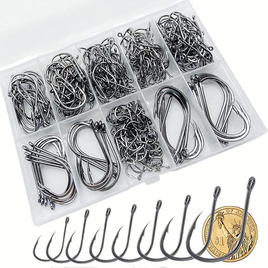 310Pcs/Box （22# ...15# 10# Fishing Hook, Forged Steel/Barded Design, 8 Sizes Universal Octopus Fishing Hooks Set， Sharp/High Carbon/Hook Eye, Suitable Sizes in Freshwater Saltwater