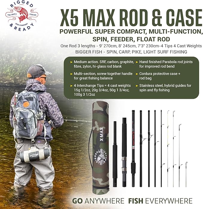Rigged & Ready X Series™ Travel Fishing Rods. 6 Super Compact Combos and Rods, Multi-Functional, Spinning Poles. 5 to 25 Techniques from one Rod. Spin, Bass, Carp, Fly. Fresh & Saltwater Angling.
