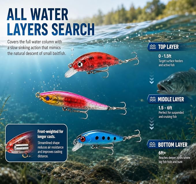 Fishing Gear Fishing Lures Set, Multi-Piece Tackle Kit with Crankbaits, Spoon Lures, Spinner Baits, Hooks, Sinkers and Various Lures for All Water Layers, Bass Trout Freshwater Saltwater Fishing