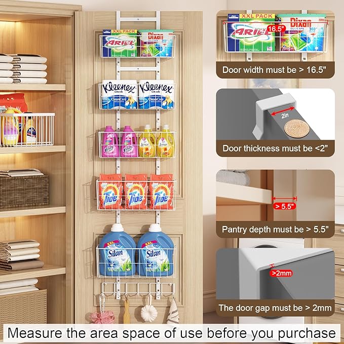 Adjustable Over The Door Organizer, Metal Hanging Door Organizer with 5 Wire Basket 7 Hooks, Wall Mounted Shelf for Pantry Closet Organization and Storage, White