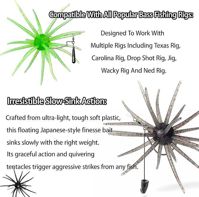 4Pcs Floating Sea Urchin Soft Lure | Tentacle Creature Lure, 4.33" & 3.54" TPR Finesse Baits, 5 Colors, Ideal for Bass Fishing with Drop Shot, Wacky Rig, Neko Rig