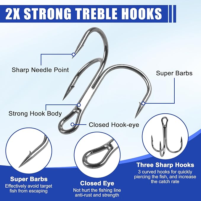 Fishing Treble Hooks Kit High Carbon Steel Treble Fishing Hooks Ring Set Strong Sharp Round Bend for Trout Bass Catfish Lures Baits Freshwater Saltwater