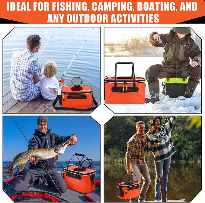 2 Pcs Fishing Bucket and Live Bait Aerator, Foldable Multi Functional Live Bucket Portable Quiet Aerator Outdoor Camping Fishing EVA Bag