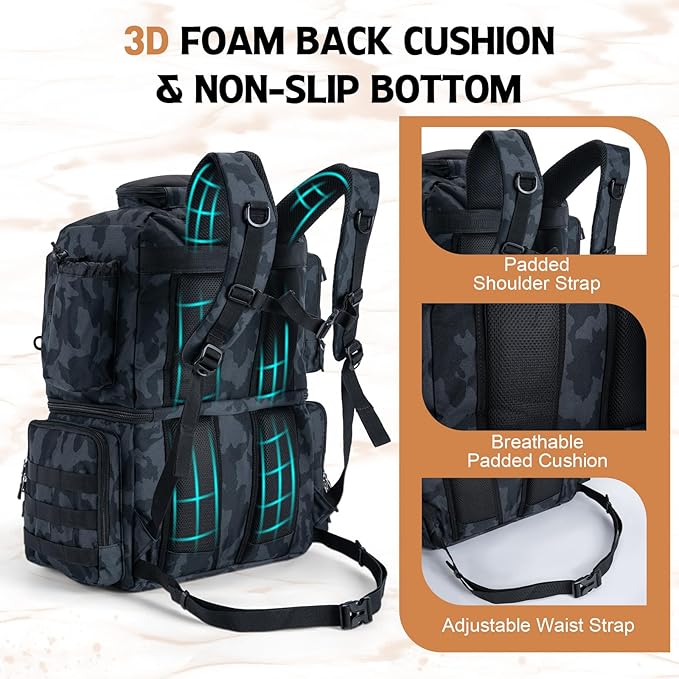 Goture Fishing Backpack, 53L 600D Water-Resistant Insulated Tackle Backpack with Cooler, Rod Holders, 8 Lure Pockets, Rain Cover, Gear Storage Large Fishing Bag for Camping Hiking(Without Tackle Box)