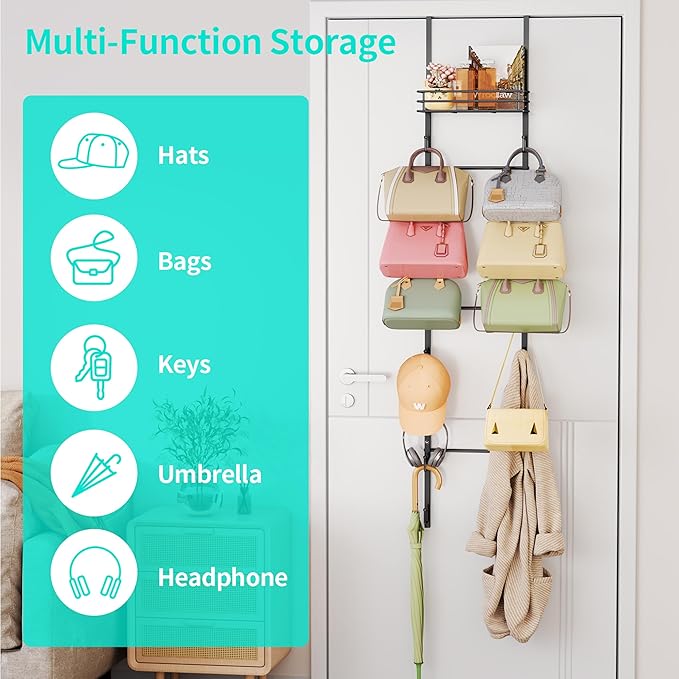 HapiRm Over The Door Purse Organizer - Wall Mounted Purse Rack with 16 Hooks and Metal Basket, Hanging Handbag Organizer Holds up to 16 Bags, Bag Rack Can Use As 1/2 Part, for Door, Closet (Black)