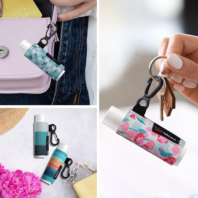 HEYSKAY 10PCS Lip Balm Holder Sleeves Keychain Compact Clip On Lipstick Chapstick Lip Gloss Elastic Sleeves, Floral Patterns