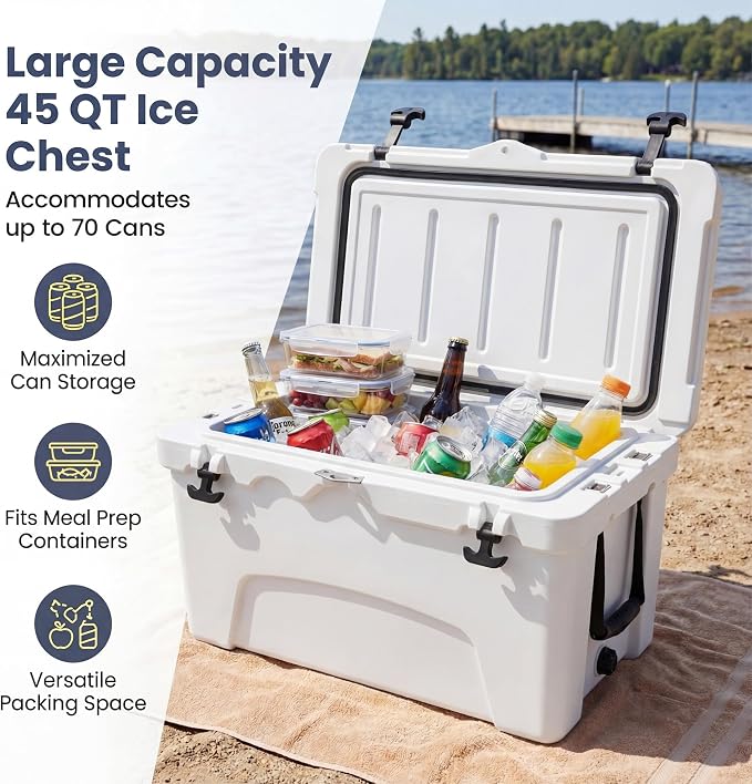 COSTWAY Portable Insulated Hard Cooler – Keeps Ice Up to 6 Days, Heavy-Duty Outdoor Ice Chest with Cup Holders, Built-in Fish Ruler & Bottle Opener for Camping, Fishing, Beach, Tailgating