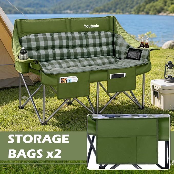 Youtanic 60" Extra Double Camping Chair, 700lbs Heavy Duty Padded Loveseat for Adults, Oversized 2 Person Folding Camp Couch with Dual Cup Holders, Portable Plaid Lawn Chair for Outside, Sports, Green