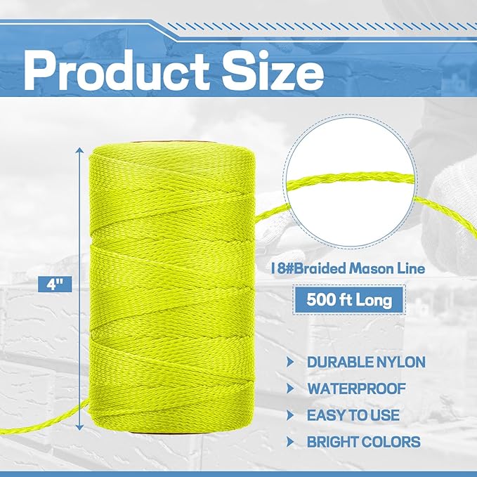 Amylove 2 Roll Mason String Line #18, 500 ft Nylon Braided Construction String Line, Heavy Duty Outdoor Twine Rope for Gardening or Masonry Tools Construction DIY Project, Fluorescent Yellow