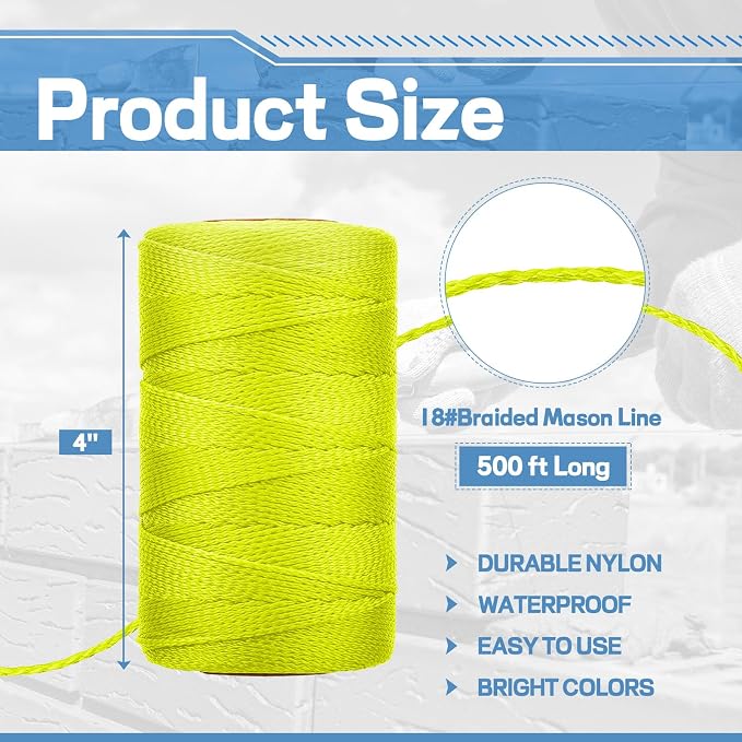 Amylove 4 Roll Mason String Line #18, 500 ft Nylon Braided Construction String Line, Heavy Duty Outdoor Twine Rope for Gardening or Masonry Tools Construction DIY Project, Fluorescent Yellow