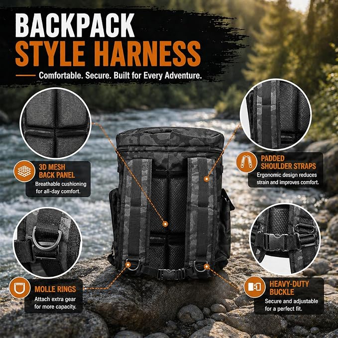 FUNHORUN Fishing Bucket Organizer with 5 Gallon Bucket & 360° Rotating Seat Lid, Fishing Tackle Bag with Backpack Straps, Full Water-Resistant Design & Multi-Pockets (Fishing Tools Not Included)