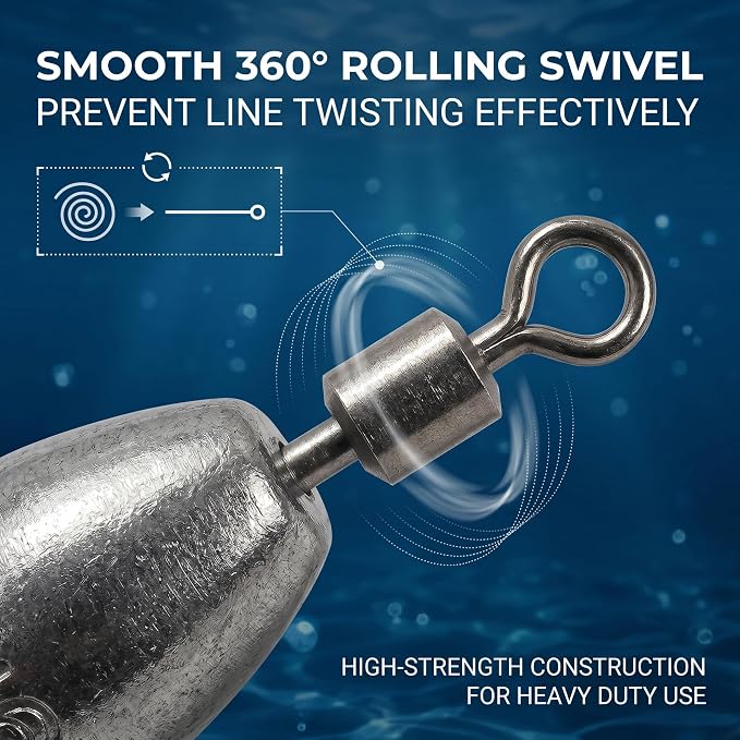 Fishing Weights with Rolling Swivel Bullet Quick Set Up Drop Shot Sinkers Streamlined Lead Fishing Sinkers for Freshwater Saltwater Catfish Bass Casting Fishing and Bottom Fishing Rigs
