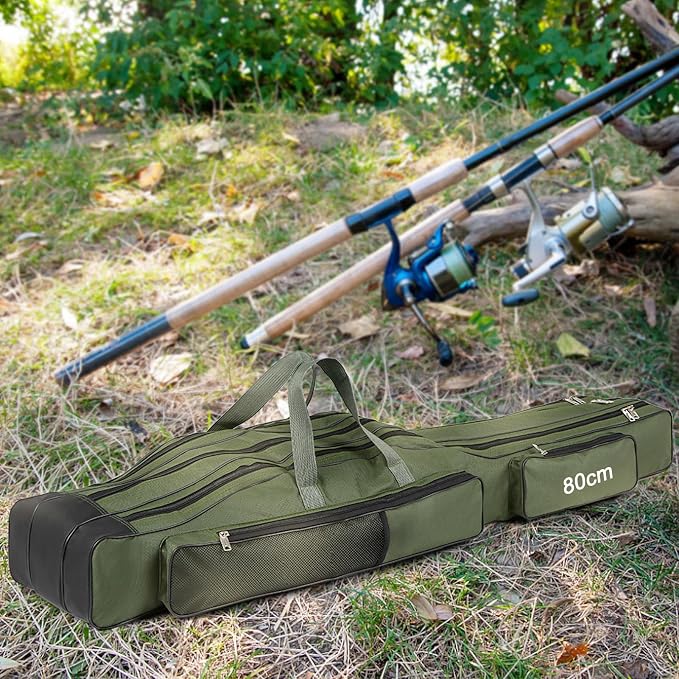 Fishing Rod Case with Fishing Tackle Box Portable Folding Rod Case Pole Reel Storage Bag Gears Organizer (80CM)
