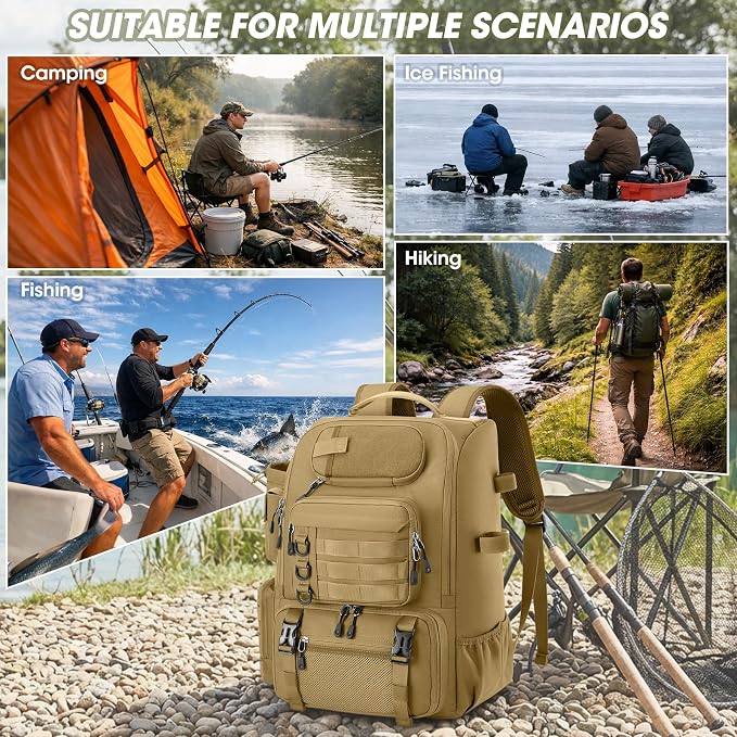 RAINSMORE Fishing Backpack with Rod Holders & Cooler 40L Water Resistant Tackle Backpack with Rain Cover Store Fishing Gear