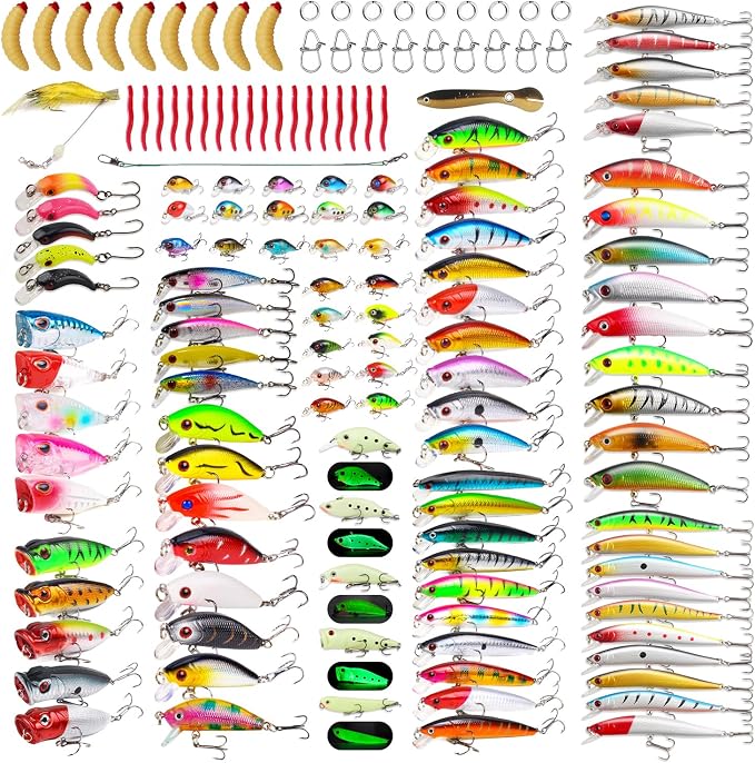 TSKS Fishing Artificial Lures Kit Mixed Including Front Diving Fin Minnow Surface Popper Crank Baits Pencil VIB with Hook and Soft Lures Accessories for Saltwater Freshwater Trout Bass Tackle Gift Set