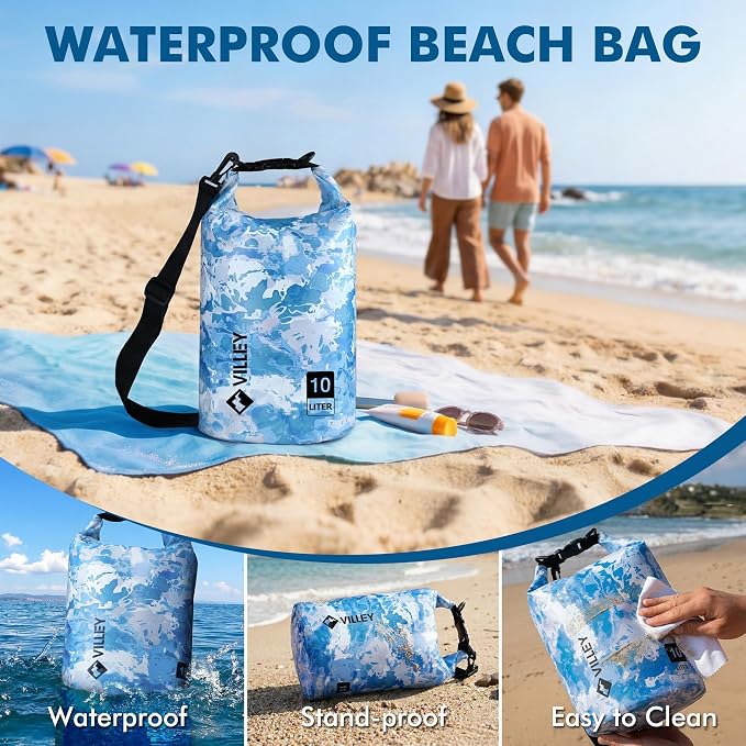 VILLEY Dry Bag Waterproof 20L Roll Top Storage Backpack, Keeps Gear Dry Lightweight Backpack for Kayaking Boating Camping Swimming and Beach Accessories Blue Camo