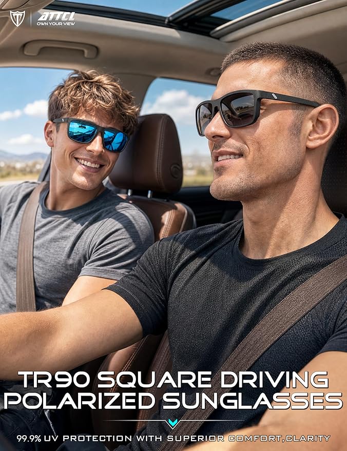 ATTCL Square Polarized Sunglasses for Men: Ultra-Light TR90 Frame UV400 Protection Sun Glasses for Fishing Driving
