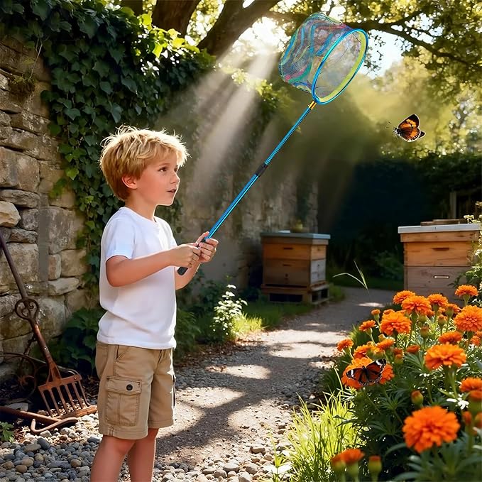 2PCS Telescoping Kids Fishing Net with Handle and Collapsible Bucket Kits-with Lightweight Aluminum Pole,Suitable for Catching and Releasing Fish,Minnow,Crabs,Butterfly,Frogs or Small Animals Outdoor