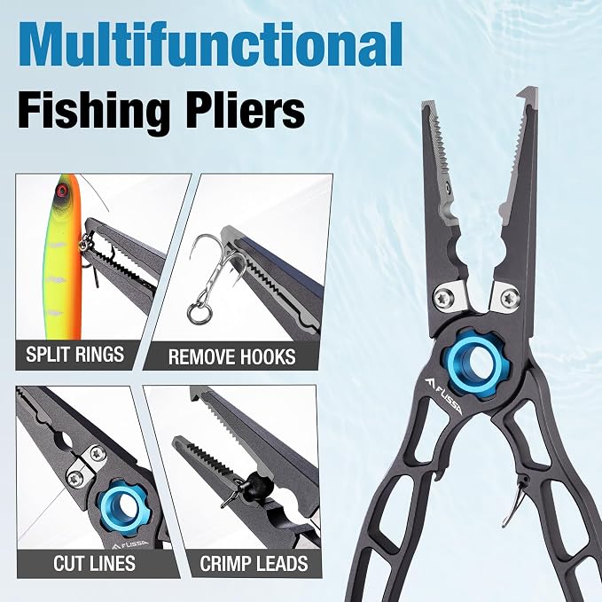 FLISSA Fishing Pliers, Safety Lock Design Fish Pliers Saltwater, Aluminum Hook Remover, Titanium 6Al-4V Jaw and Tungsten Carbide Line Cutters, Sheath & Lanyard, Fishing Gear Gifts for Men