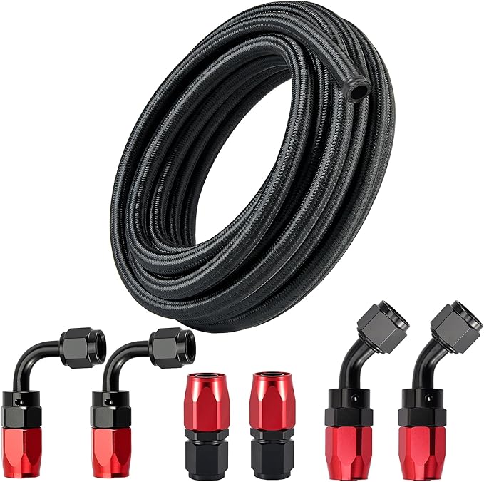 EVIL ENERGY 8AN Fuel Line Kit, AN8 Nylon Braided Fuel Line Hose Fitting Kit CPE 10FT Black&Red