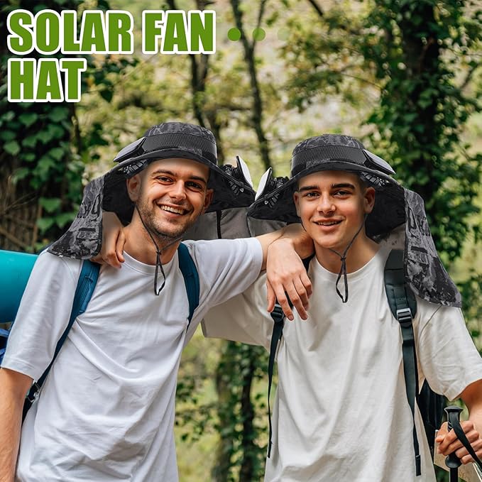 Chuarry Wide Brim Sun Hat with 2 Solar Fans and Neck Flap Outdoor Solar Powered USB Charging Bucket Fishing Hat for Men Women