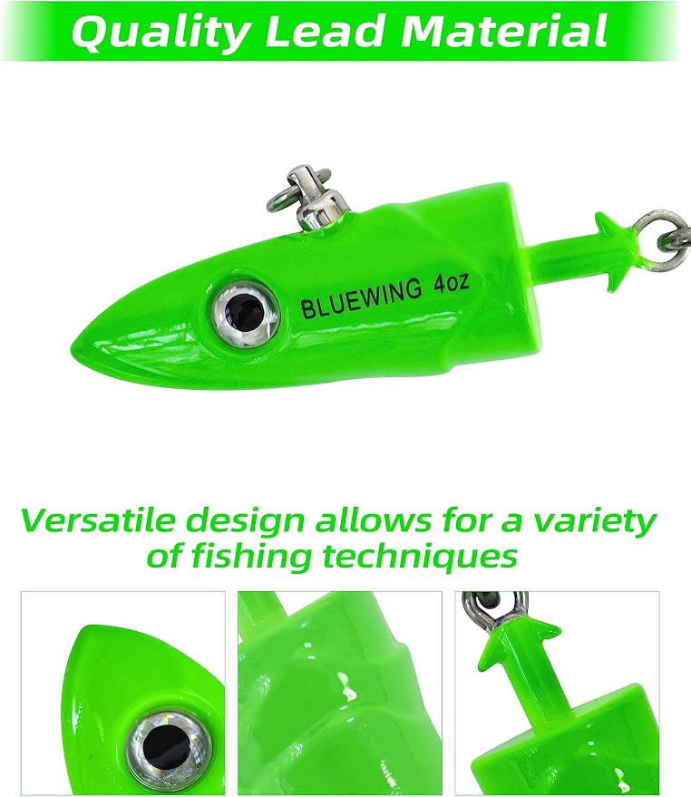 BLUEWING Jig Heads Saltwater 2oz,3oz,4oz,5oz,6oz,7oz Swimming Jigheads 1pc with High Carbon Steel Swing Hook and 6in/9in Replacement Tail Big Game Fishing Lures