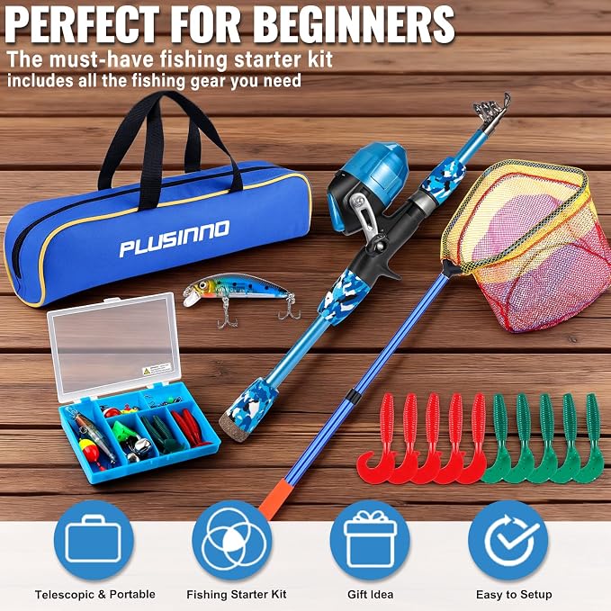 PLUSINNO Kids Fishing Pole with Spincast Reel Telescopic Fishing Rod Combo Full Kits for Boys, Girls, and Adults
