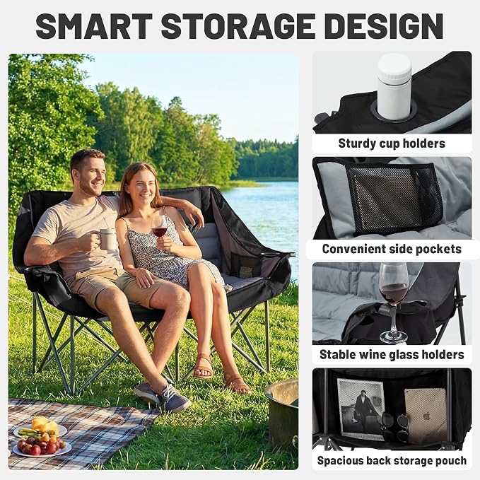 Youtanic Oversized Extra Large Double Padded Camping Chair up to 660lbs, Folding Loveseat Camp Couch with Pocket, Carry Bag, Portable Camping Chairs for Adults, Fishing, Sports, Trip, Black