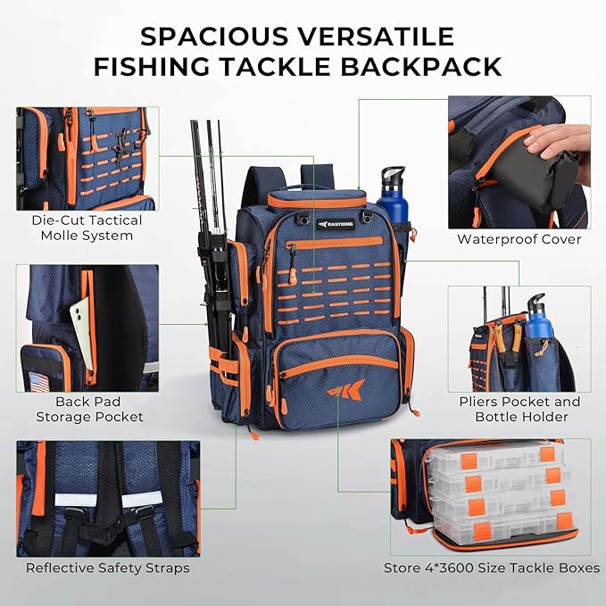 KastKing Bait Boss Fishing Tackle Backpack with Rod Holders-4 Tackle Boxes-Rain Cover,Storage for Fishing Gear