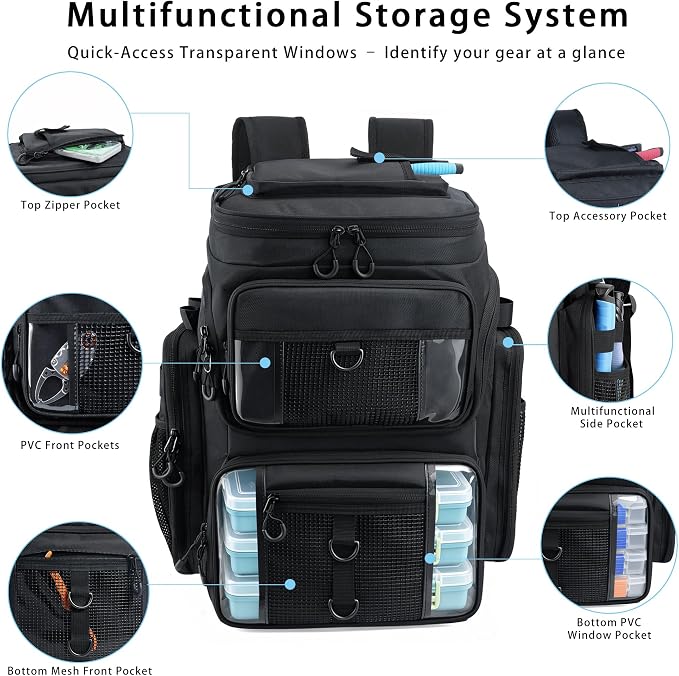 Fishing Backpack with 4 Tackle Boxes, 55L Large Tackle Box Backpack with 4 Rod Holders, Waterproof 900D Tackle Backpacks with Cooler & Clear Gear Windows, Fishing Gifts for Men Women, Black