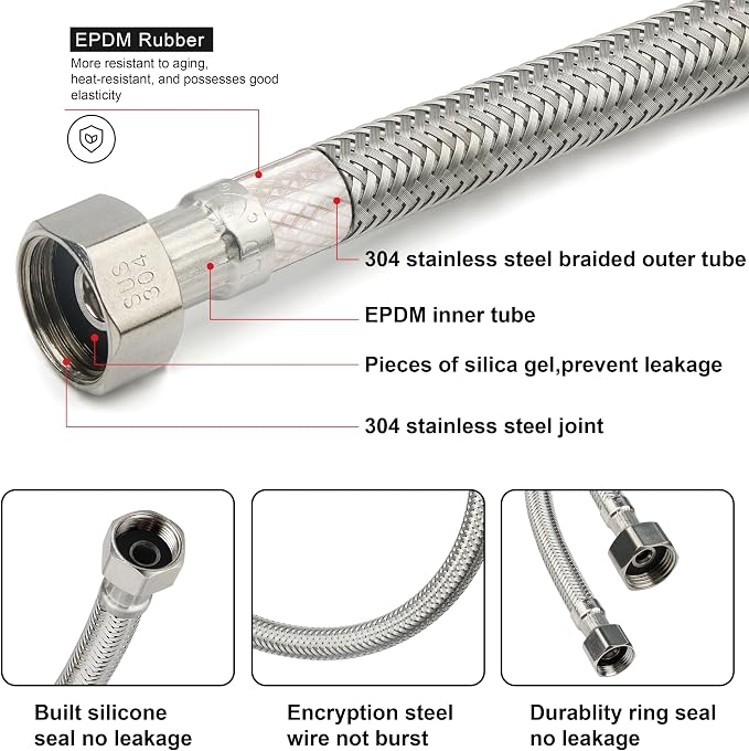 Midanya Faucet Supply Lines,12" Stainless Steel Braided Water Supply Line, 1/2" FIP x 3/8" COMP Faucet Hose, Faucet Hose Connector x 2 Pcs (1 Pair)
