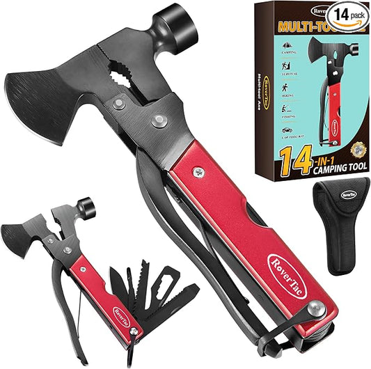 RoverTac 14-in-1 Multitool Camping Axe Hatchet – Essential Camping Gear with Knife, Hammer, Saw, Bottle Opener, Screwdriver – Multi Tool with Sheath – Gifts for Men, Dad, and Outdoor Adventures