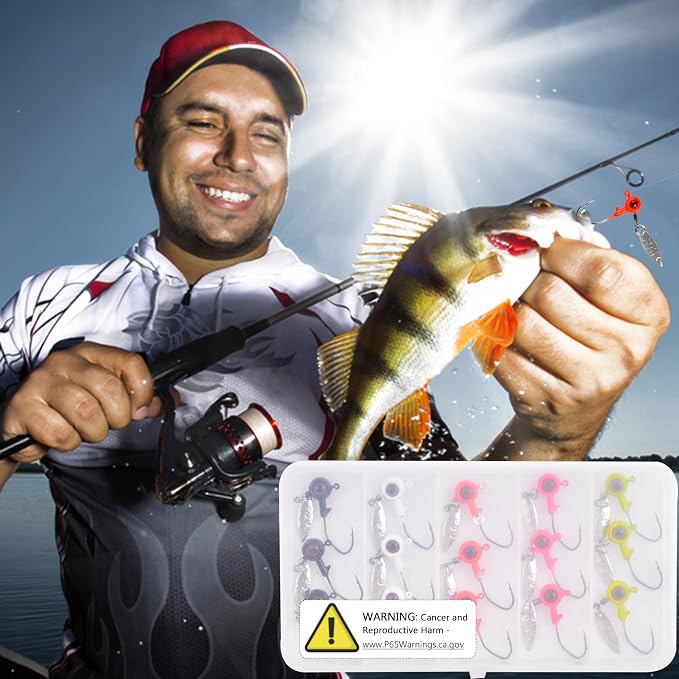 Crappie Jig Heads Fishing Lures Kit, 15pcs Underspin Jig Heads with Spinner Blade Crappie Lures Eye Ball Head Painted Fishing Jigs for Bass, Trout, Panfish, Sunfish