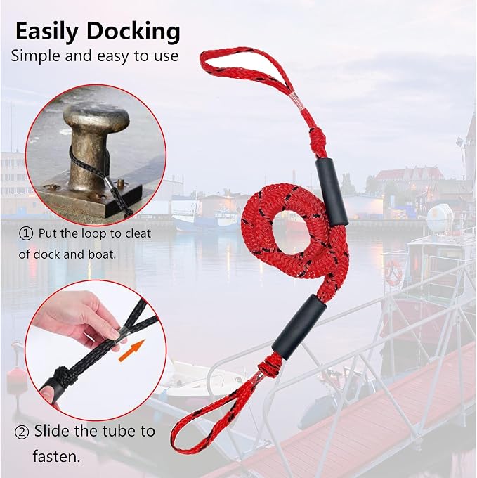 Boat Bungee Dock Lines, Mooring Rope for Docking with Loop, Boat Ropes, Boat Accessories, Quick and Easy Dock for PWC, Kayak, Seadoo, WaveRunner, Pontoon, Bass Boat (RED&Black)