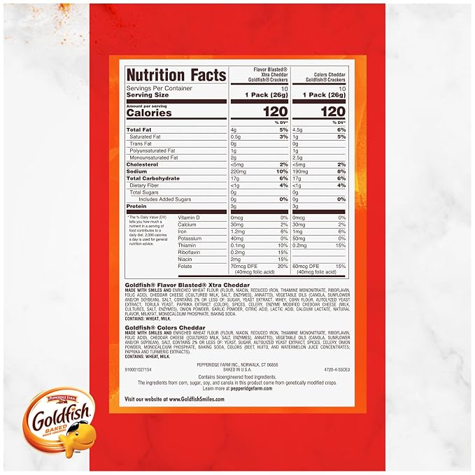 Goldfish Dynamic Duo Variety Pack, Colors Cheddar & Flavor Blasted Xtra Cheddar, Snack Packs, 20 Ct