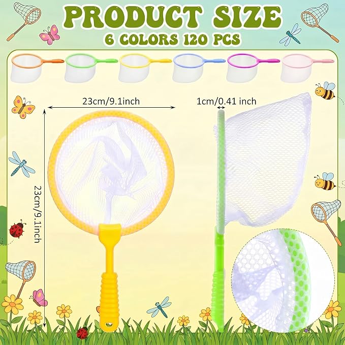 Halloscume 120 Pcs Butterfly Bug Net for Kid Collecting Insect, Fishing Net with Anti Slip Grip, Outdoor Tools for Catching Bugs Fish, Spring Outing Supplies for Kids Nature Exploration