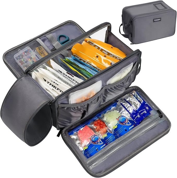THKFISH Fishing Soft Plastic Bait Storage, Water-Resistant Extra-Large Clear Sleeves Tackle Bait Bag Storage For Lure Hooks, Sinkers & Fishing Accessories(Grey)