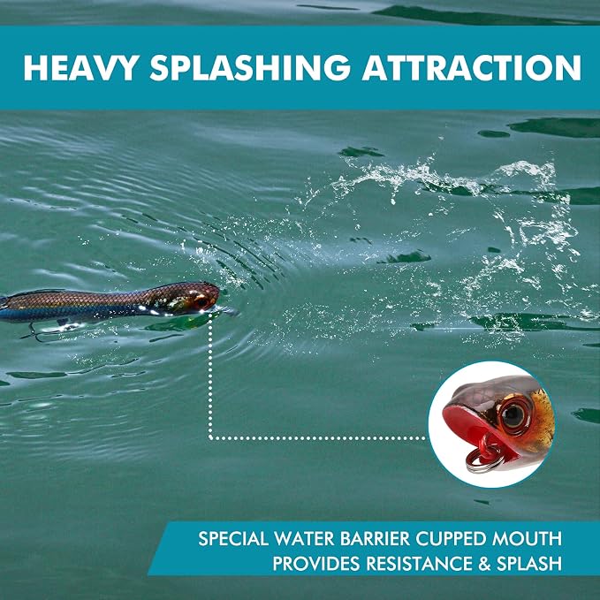 TRUSCEND Popobait Easy Catch Fishing Lures with BKK Hooks, Instant Startup, Longer Cast, Balanced Spray/Sound/Swim, Plopper Topwater Lures for Bass, Trout, Pike, Walleye, Freshwater Saltwater Fishing