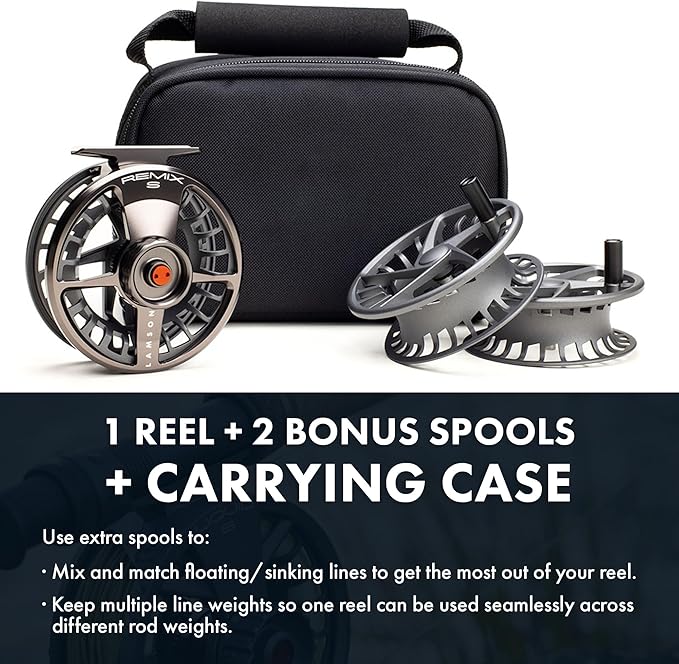 Lamson Remix S-Series Fly Reel 3-Pack (1 Reel & 2 spools with Carrying case) CNC machined Frame, Sealed Drag, 3/4/5/6/7/8/9/10 Weights