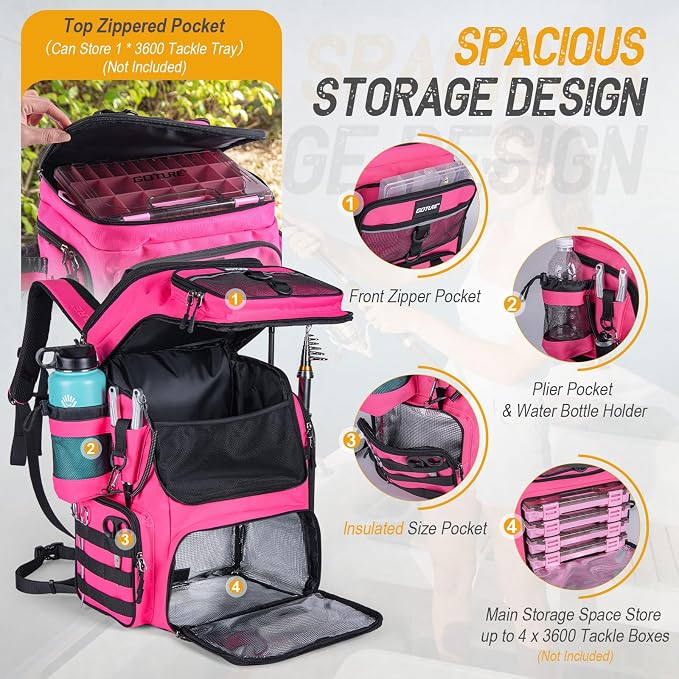 Goture Fishing Backpack,900D Water-Resistant Tackle Bag with Rod Holders, Insulated Cooler Compartment,55L Large Capacity Fishing Gear Storage for Saltwater&Freshwater Camping Hiking,Gifts for Women
