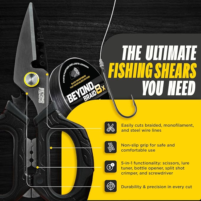 Beyond Fishing 6.5" Pro Fishing Shears Dual Serrated Blades, Fishing Braided Line Scissors with Titanium Coating, Non-Slip Grip & Multifunction Tool, Includes Hard Molded Locking Sheath