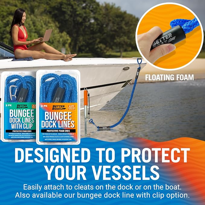 2-Pack Blue Bungee Dock Lines, Marine Grade Boat Rope, Jet Ski or PWC Mooring Ties, Boating Accessories for Boats