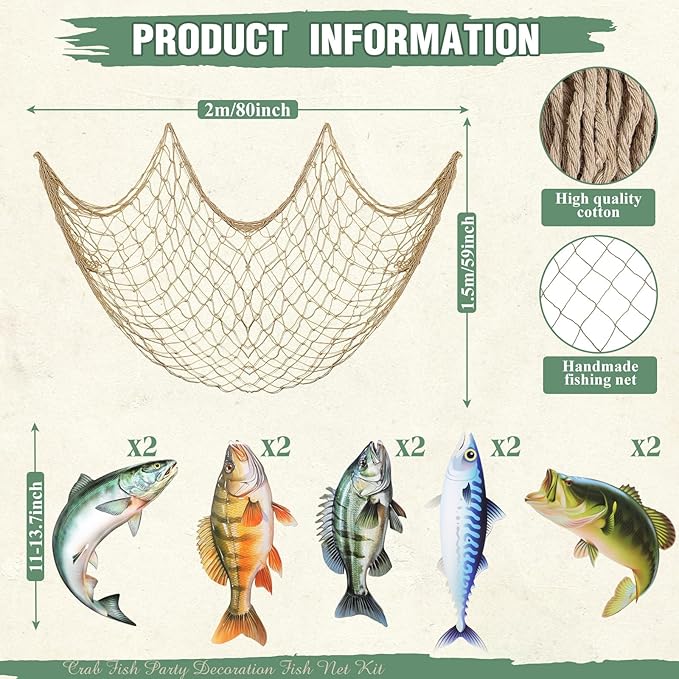 Silipull 11 Pcs Gone Fishing Party Decorations Kit Fishing Net Cute Cardstock Photo Prop for Birthday Sea Animal Indoor Outdoor Dessert Table Party Supply