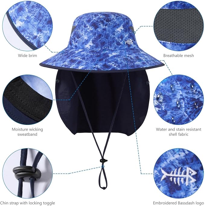 BASSDASH UPF 50+ Breathable Sun Hat with Removable Face Cover and Neck Flap Wide Brim Bucket Hat for Fishing Hiking Men Women