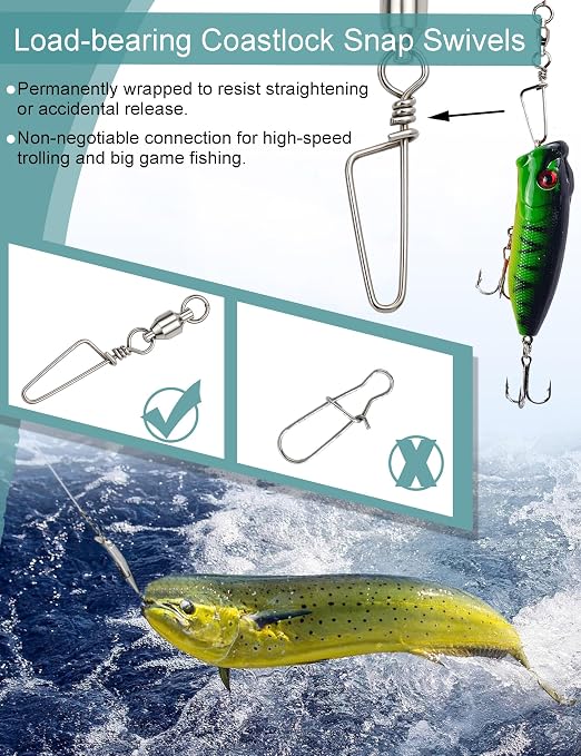 Avlcoaky Ball Bearing Swivels Snaps Fishing Swivels 34pcs/box Heavy Duty Snap Swivel Saltwater Barrel Swivel Fishing Tackle Quick Change Lure Clips Terminal Tackle Assortment for Redfish, Striped Bass