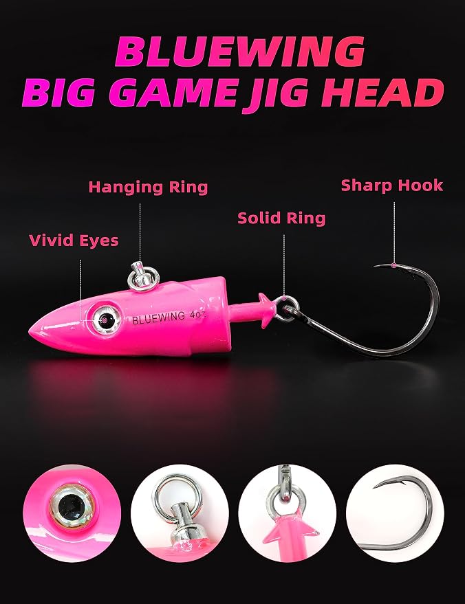 BLUEWING Jig Heads Saltwater 2oz,3oz,4oz,5oz,6oz,7oz Swimming Jigheads 1pc with High Carbon Steel Swing Hook and 6in/9in Replacement Tail Big Game Fishing Lures