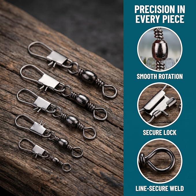 200PCS Barrel Snap Swivel Fishing Accessories, Premium Fishing Gear Equipment with Ball Bearing Swivels Snaps Connector for Quick Connect Fishing Lures