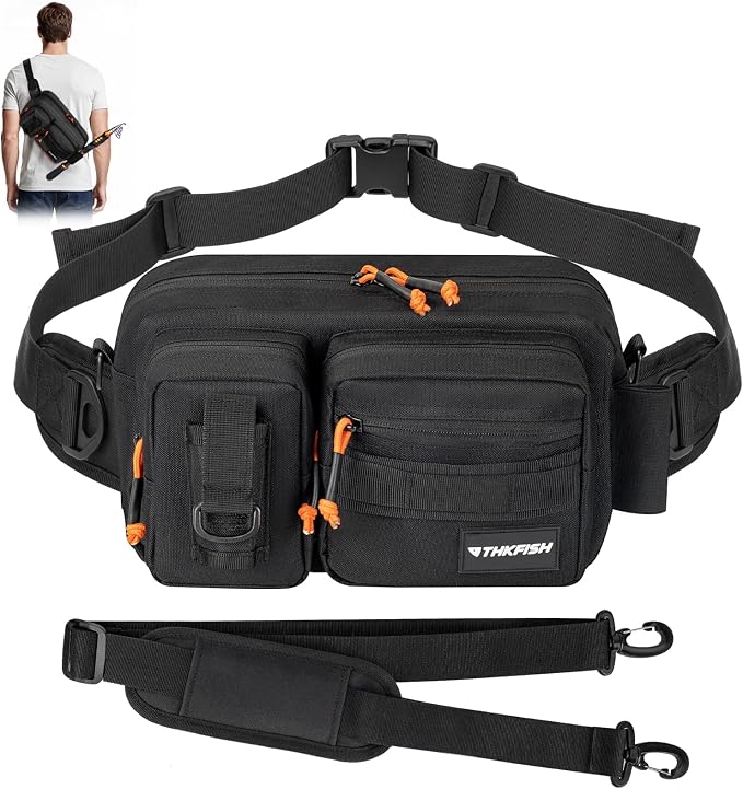 THKFISH Fishing Waist Pack - Waterproof Fanny Pack for Women & Men - Portable Sling Bag for Outdoor & Fly Fishing (BLACK-LARGE)