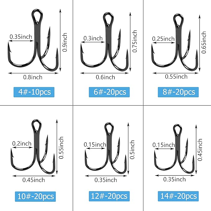 Fishing Treble Hooks Kit High Carbon Steel Treble Fishing Hooks Ring Set Strong Sharp Round Bend for Trout Bass Catfish Lures Baits Freshwater Saltwater
