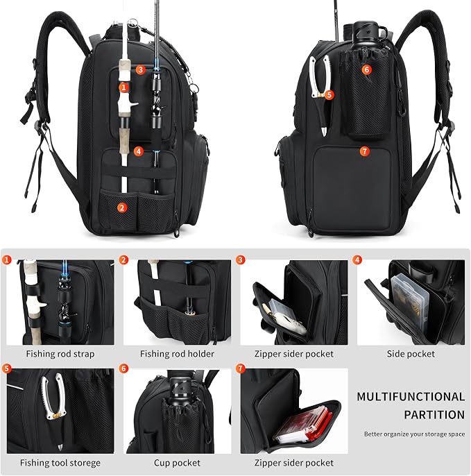 Rabjen Fishing Tackle Backpack with Rod Holders, Bottle Holder, Storage Bag Store Fishing Gear